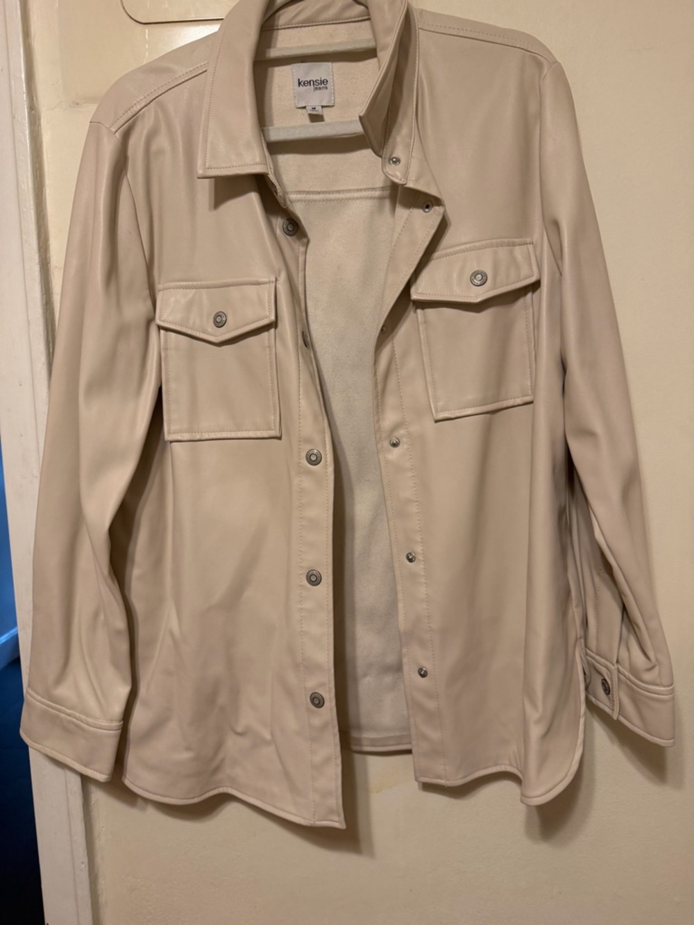 kensie Cream Faux Leather Button-Front Shirt Jacket